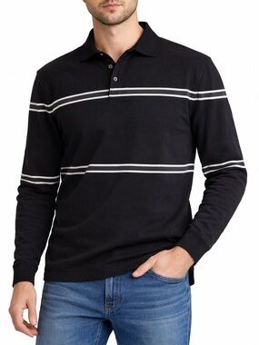 Vintage Nautica Mens Rugby Shirt Medium Black White Striped Long Sleeve Y2K